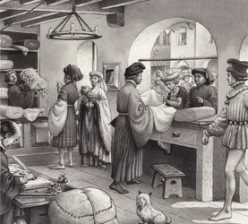 Ein Tuchhändlerladen im Renaissance-Italien