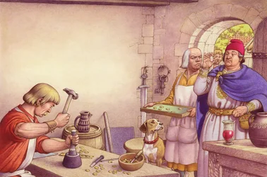 König Offa untersucht Münzen, die in der königlichen Münzstätte von Mercia hergestellt wurden