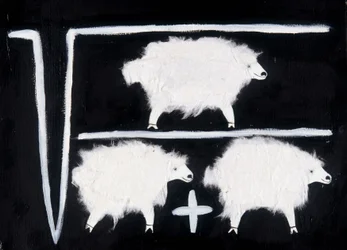 Klonen: Ein mathematisches Symbol, das Quadratwurzel-, Divisions- und Addition-Rechenoperationen darstellt, wobei Schafe als Versuchstiere verwendet werden. Weiße Baumwollcollage auf schwarzem Hintergrund.