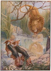 Ein Löwengesicht blickte ihm aus dem Wasser entgegen (Farblithografie)