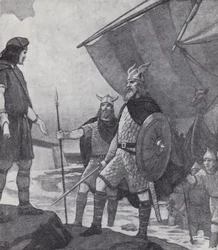Die Brüder Hengist und Horsa kommen während der Invasion der Angeln, Sachsen und Jüten im 5. Jahrhundert in Ebbsfleet, Isle of Thanet, Kent, an (Lithografie)