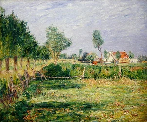 Holland, Landschaft mit Bauernhäusern hinter Gärten