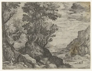 Berglandschaft mit betendem Einsiedler