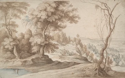 Landschaft mit Bäumen und Blick ins Tal