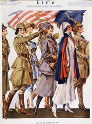 Amerikanische Frauen (Soldaten, Bauern, Krankenschwestern) fliegen mit Flagge, von Stahr (1883-1953) - Kuh. „„Life““ vom 06/02/1919