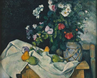Blumen in einem Ingwertopf und Früchte