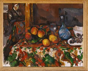 Stillleben mit Pfirsichen, Karaffe und Figur
