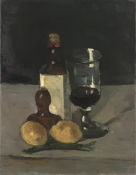 Stillleben mit Flasche, Glas und Zitronen