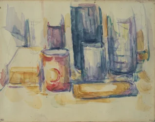 Küchentisch: Töpfe und Flaschen