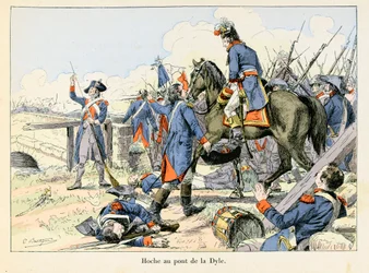 Hoche an der Brücke von Dyle: Im März 1793 deckte Lazare Hoche den Rückzug beim Übergang der Dyle vor Leuven (Belgien) gegen die Österreicher - Illustration von Emile Boutigny in „Hoche-Marceau-Desaix“ von Theodore Cahu