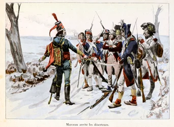 Marceau hält Deserteure auf: François-Séverin Desgraviers Marceau (1769-1796) hält die Soldaten der republikanischen Armee in der Vendée (85) auf - Illustration von Emile Boutigny (1853-1929) in „Hoche-Marceau-Desaix“ von Théodore Cahu (1854-1928) - Privat
