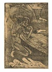 Ein Fischer trinkt neben seinem Kanu