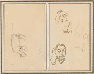 Eine grasende Kuh; Kopf einer Frau mit der Hand an der Wange und Kopf eines Mannes mit der Hand am Ohr (verso)