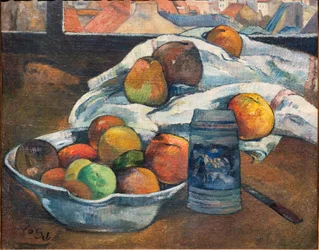 Schale mit Früchten und ein Krug vor einem Fenster, ca. 1890