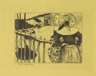 Bretonische Frauen stehen an einem Zaun, 1889