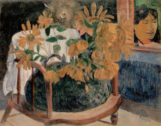 Stillleben mit Sonnenblumen auf einem Sessel