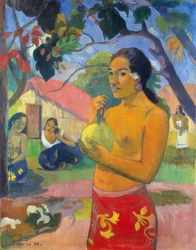 Tahiti: Frau mit einer Frucht (Wohin gehst du? / Eu haere ia oe?), 1893