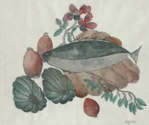 Stillleben: Fisch, Blumen und Gemüse
