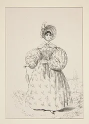 AUF DER PROMENADE. Mai 1835. Kleid aus englischem Musselin,...