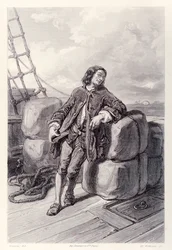 Kapitän Lemuel Gulliver auf seinem Handelsschiff, aus der französischen Ausgabe von Gullivers Reisen von Jonathan Swift