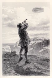 Gulliver sieht die fliegende Insel Laputa zum ersten Mal und untersucht sie durch sein Teleskop, aus der französischen Ausgabe von Gullivers Reisen von Jonathan Swift