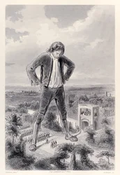 Die Lilliputanische Armee marschiert zwischen den Beinen von Gulliver, aus der französischen Ausgabe von Gullivers Reisen von Jonathan Swift