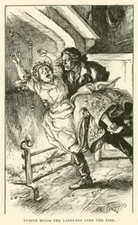 Turpin hält die Wirtin über das Feuer (Gravur)