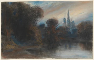 Eine Abtei an einem bewaldeten See in der Abenddämmerung