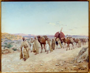 Eine Karawane in der Wüste nahe Biskra in Algerien im Jahr 1892