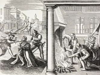 16. Jahrhundert Propaganda, die die Gewalt der französischen Hugenotten gegen die Katholiken darstellt