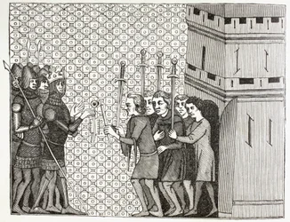 Nach der Eroberung einer Stadt im 14. Jahrhundert kapituliert die Garnison und wirft sich auf die Gnade ihrer Eroberer. Nach einer Miniatur aus dem 14. Jahrhundert in Histoire du Monde
