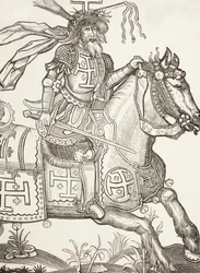 Gottfried von Bouillon, ca. 1060 - 1100, mittelalterlicher fränkischer Ritter. Ein Anführer des Ersten Kreuzzugs. Hier mit den Instrumenten der Passion Christi gekrönt. Nach einem Holzschnitt aus dem 15. Jahrhundert