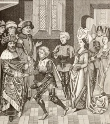Empfang von Gautier-Sans-Avoir durch den König von Ungarn, der ihm erlaubt, mit den Kreuzfahrern durch sein Gebiet zu ziehen, während des ersten Kreuzzugs