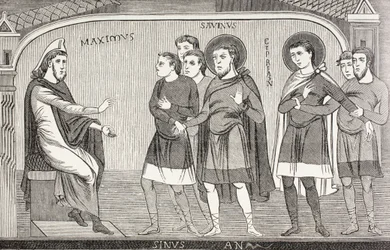 Heilige Savin und Cyprian bekennen sich vor Prokonsul Galerius Maximus als Christen. Nach einem Fresko aus dem 11. Jahrhundert in der Kirche von St. Savin, Vienne, Frankreich