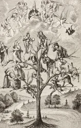 Der Baum der Schlachten. Allegorische Figuren, die die Zwietracht zwischen sozialen Klassen darstellen. Nach einem Manuskript aus dem 15. Jahrhundert
