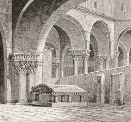 Grab von Gottfried von Bouillon, ca. 1060 - 1100, wie es in der Grabeskirche in Jerusalem existierte. Das Grab ist jetzt zerstört. Nach einer Zeichnung, die 1828 vor Ort gemacht wurde