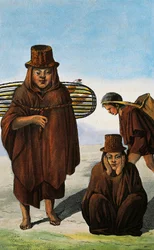 Geflügelhändler, Bettler und Arbeiter, Kolumbien, Gravur von Paul Legrand aus Reisen in die Republik Kolumbien in den Jahren 1822 und 1823, von Gaspard Theodore Mollien, Südamerika