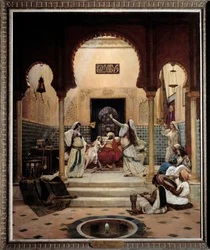Die östlichen Tänzerinnen (Bauchtanz) in einem Harem unterhalten einen Pascha. Gemälde von Paul Bouchard (1853-1937) 1893