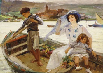 Eine Mutter und ein Kind werden über einen Fluss mit einer Stadt im Hintergrund übergesetzt