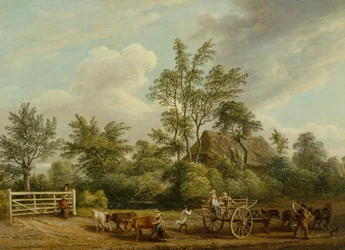 Ein Heuwagen mit Landarbeitern und Vieh in der Nähe von Easton Park, Suffolk