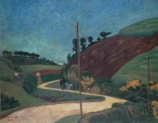 Die Postkutschenstraße auf dem Land mit einem Wagen