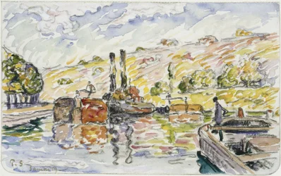 Flusslandschaft mit Schleppern und Kähnen