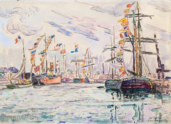 Segelboote mit Festtagsflaggen an einem Pier in Saint-Malo, 1920er Jahre