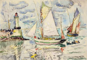 Zwei Fischerboote vor der Einfahrt zum Hafen von Granville