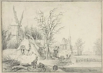 Dorf mit Windmühle und Kirche