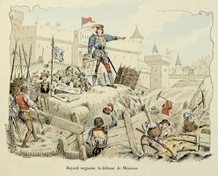 Illustration aus dem Buch „Histoire du chevalier Bayard“ von Theodore Cahu, illustriert von Paul De Semant (1855-1915): Bayard organisiert die Verteidigung von Mezieres 1521