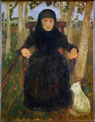 Alte Frau, sitzend, mit Katze