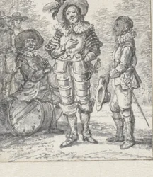 Entwurf für Illustration Theatergruppe: zwei stehende Figuren und eine sitzende Figur