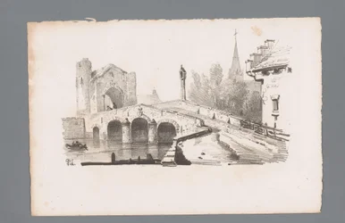 Ansicht einer Brücke mit Tor, im Hintergrund eine Kirche