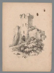 Ansicht einer Ruine eines Turms mit Tor